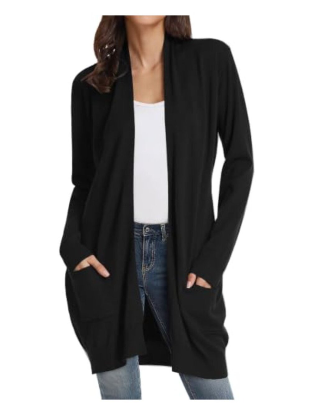Open Front Long Knit Cardigan Sweater with Pockets Shawl Collar